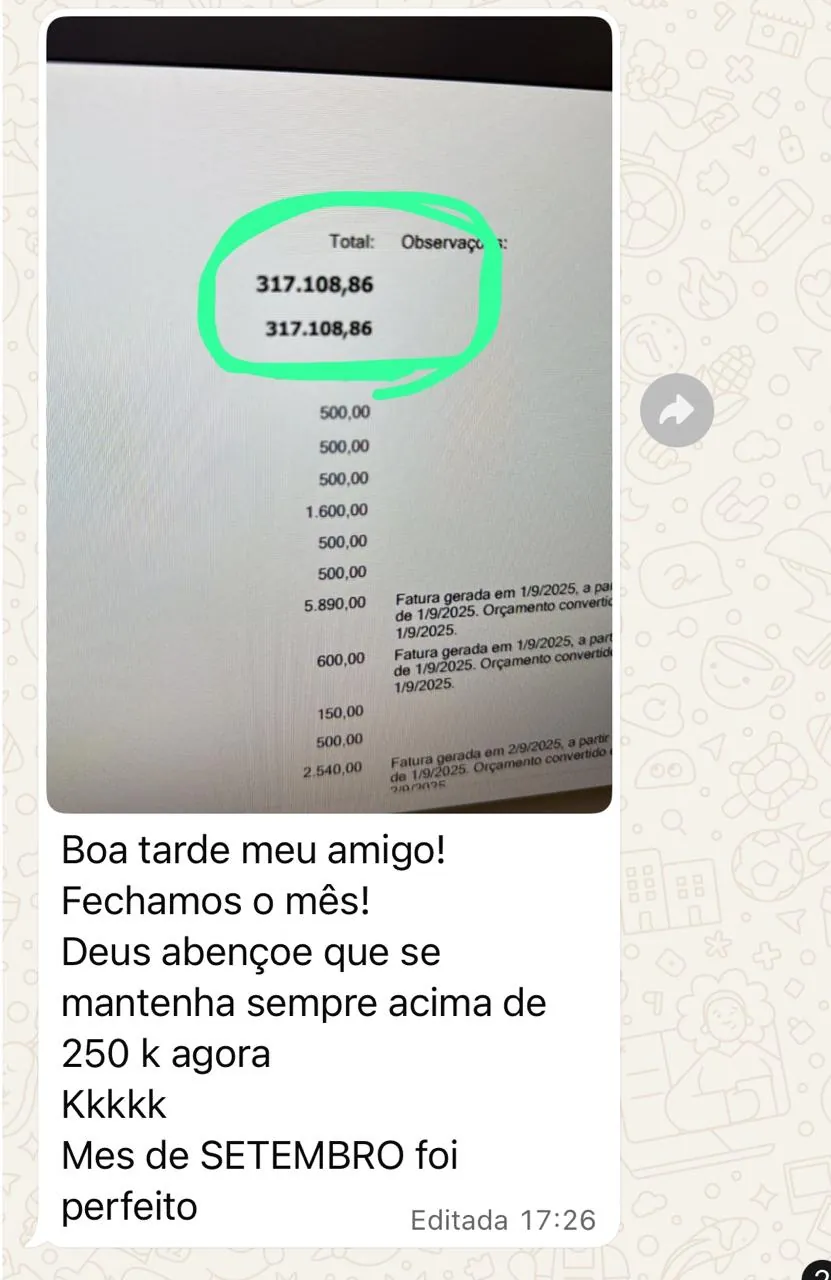 Faturamento de R$ 317.108,86 em setembro relatado por aluna