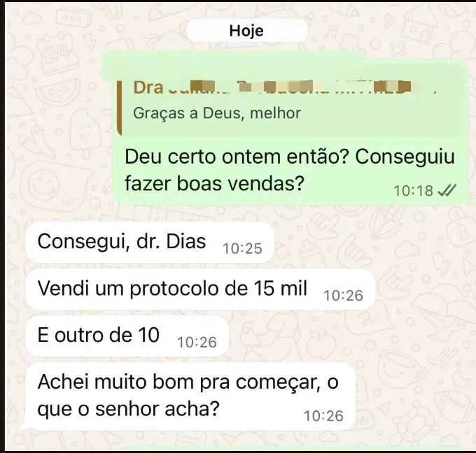 Aluna relatando venda de protocolos de R$15 mil e R$10 mil