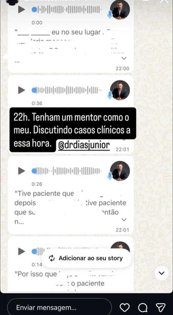 Story destacando mentor discutindo casos clínicos às 22h