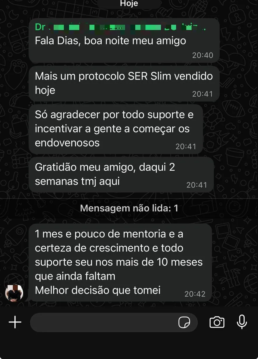 Aluno agradecendo suporte e comemorando protocolo SER Slim vendido